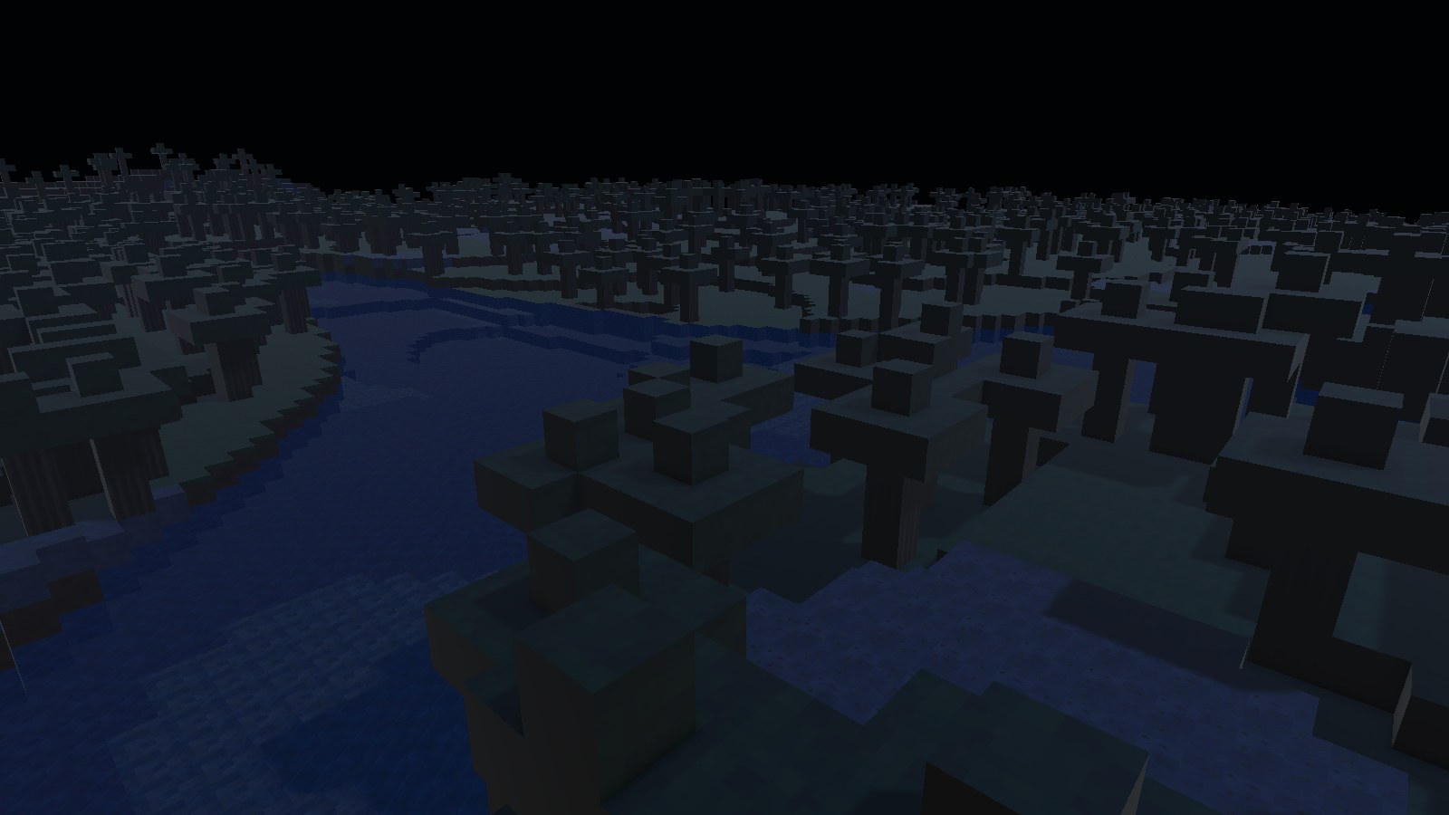 Mundo voxel durante a noite: floresta e rio sob o céu escuro, horário em que as invasões chegam.