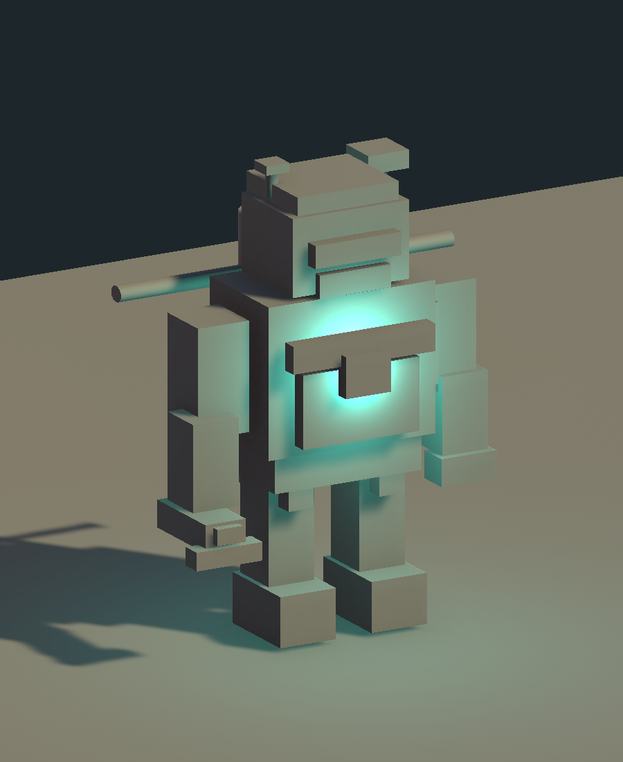 Personagem jogável com mochila-caldeira e luz ciano no peito.