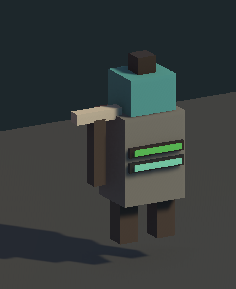 Robô minerador com broca e visor verde.