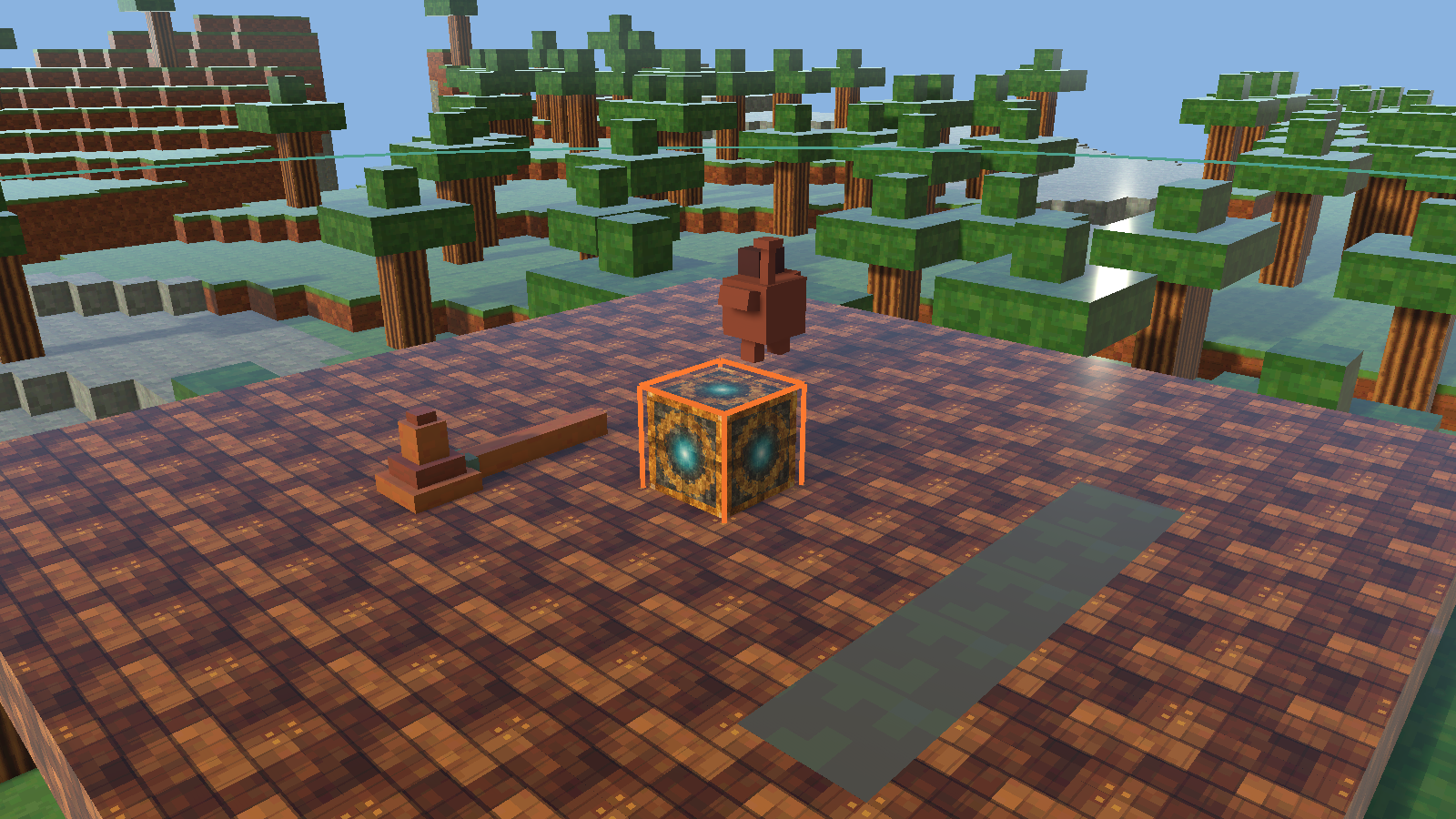 Steam Core instalado no mundo voxel, cercado por estruturas iniciais da colônia.