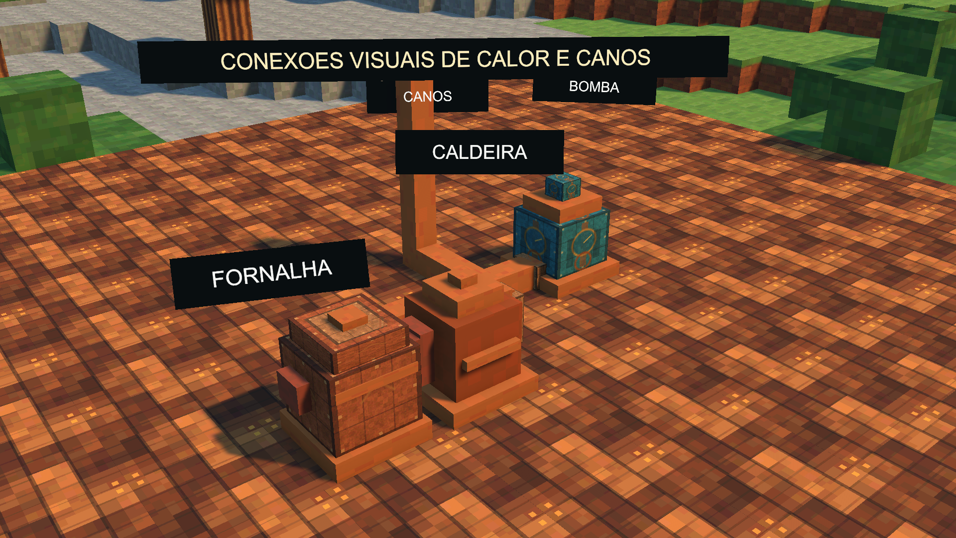 Infraestrutura de vapor: fornalha, caldeira, bomba e canos conectados.