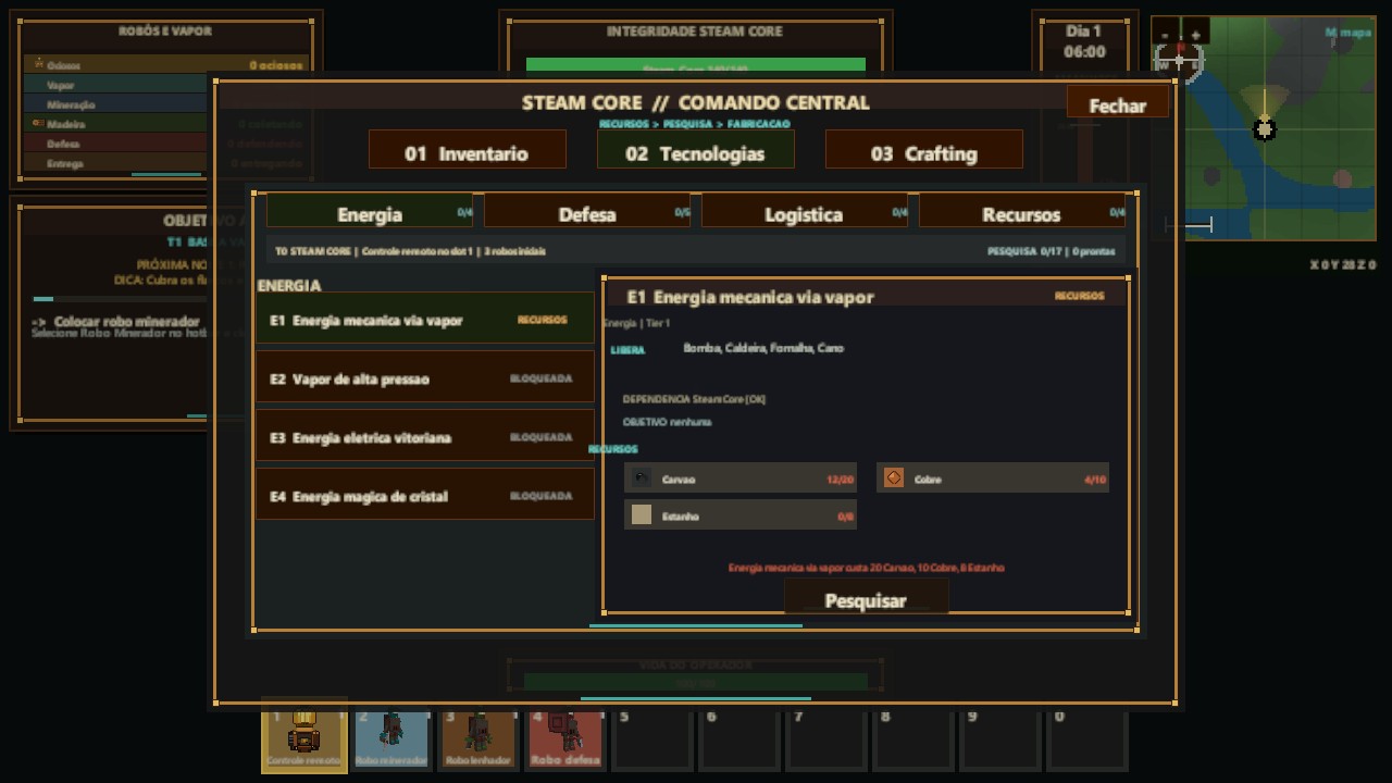 Interface da árvore de tecnologias do Steam Core com os ramos Energia, Defesa, Logística e Recursos.