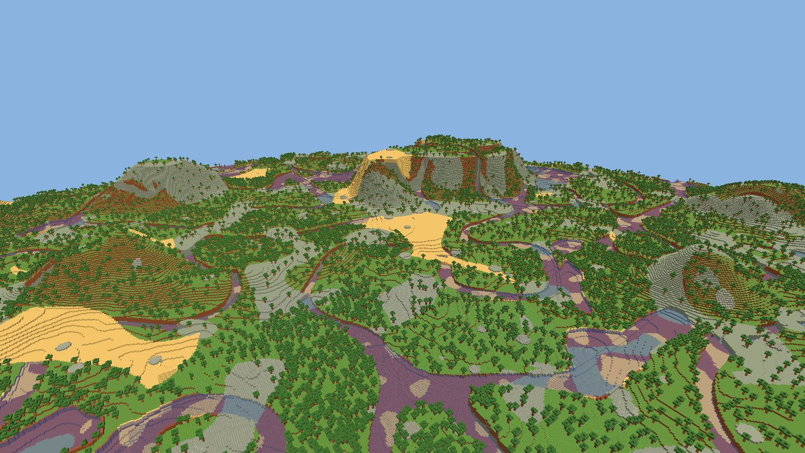 Horizonte de 200 blocos: mesas, florestas, rios e desertos do mundo procedural gerado por seed.