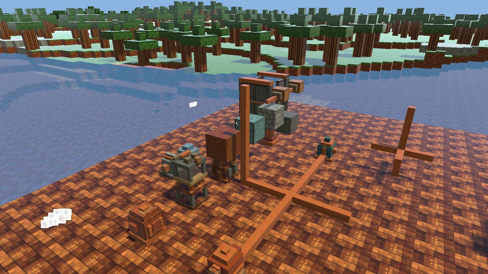 Vista geral da colônia voxel com máquinas a vapor, floresta e lago ao fundo.